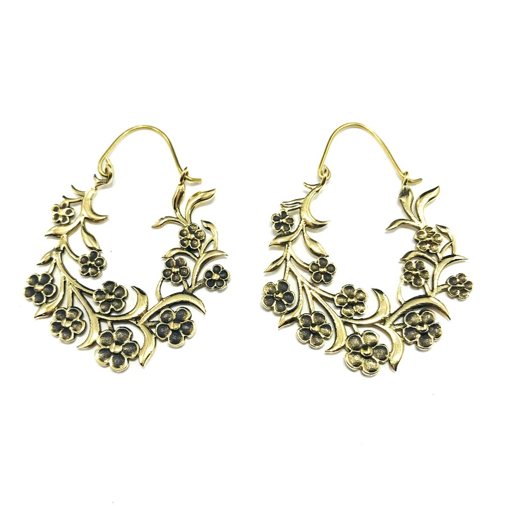 GOLD Color Brass Floral Hoop Earrings Boho Chic